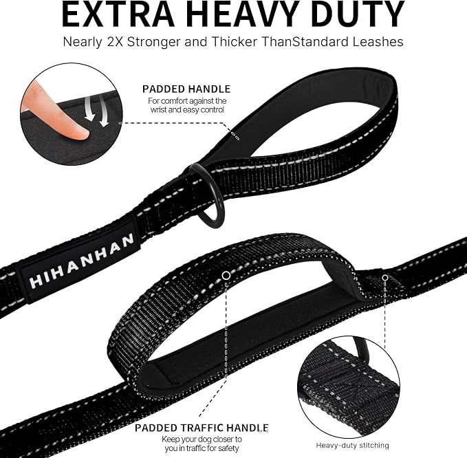 Reflective Dog Leash with Double Handle, Dog Leash 6 FT Long, Supports Medium, and Large Dogs, Heavy Duty for Walking, Running, and Training, Black