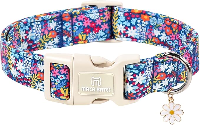 Maca Bates Blue Flower Basic Dog Collar with Flroal Charm for Extra Small Girl Dogs, Dasiy Pattern,Feminine Style,Adjustable Durable Soft Collars Birthday Gift for Female Puppy