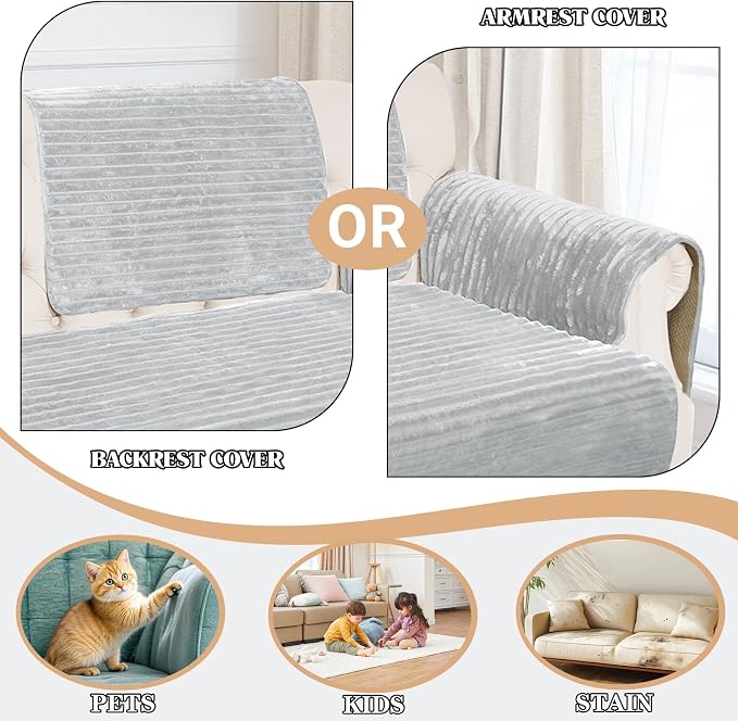 NAISI Couch Covers for Dogs Waterproof Flannel Striped Sofa Cover Pet Friendly Washable Dog Mat for Couch Anti Slip Sectional Sofa Slipcover Protector(1pc/27"x 27",Light Grey)
