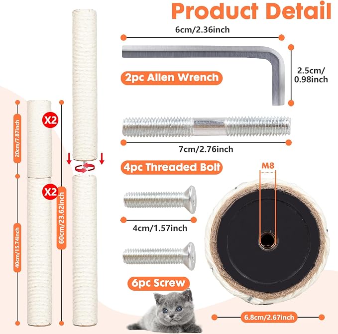PowerKing Natural Sisal Replacement Scratching Post, 4 Pieces M8 Cat Scratch Post Refill Pole Parts for Refurbishment, White, Include Screws, White, 15.74''+15.74''+7.87''+7.87''