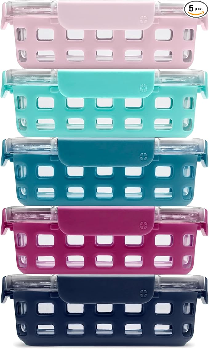 Ello Duraglass 3.4 Cup Meal Prep Sets 10Pc, 5 Pack Set- Glass Food Storage Container with Silicone Sleeve and Airtight BPA-Free Plastic Lids, Dishwasher, Microwave, and Freezer Safe, Evening Orchard