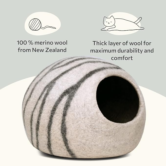 MEOWFIA Cat Cave – Premium Felt Cat Bed for Indoor Cats, Handmade Merino Wool (Light Gray, Large)