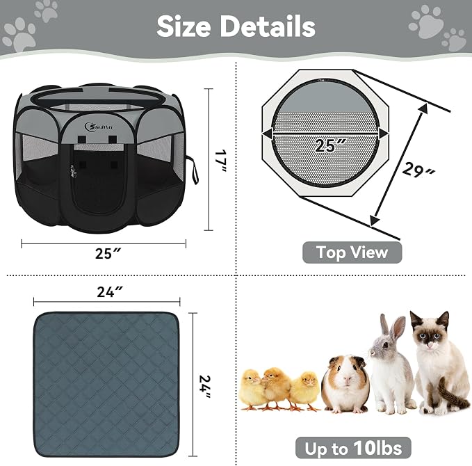 Siedihit Dog Cat Playpen with Washable Pee Pad, Puppy Pet Playpen Indoor for Small Dog Crate Tent Cage Outdoor, Portable Pop Up Dogs Enclosure Kennel with Carrying Case,Dark Grey