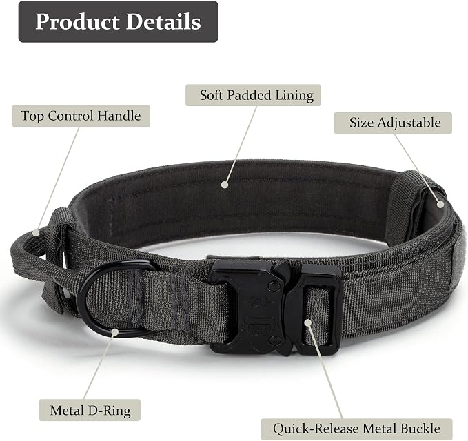 Tactical Dog Collar, Adjustable Military Training Nylon Dog Collar with Control Handle and Heavy Quick-Release Metal Buckle for Small Medium Large Dogs, Grey L