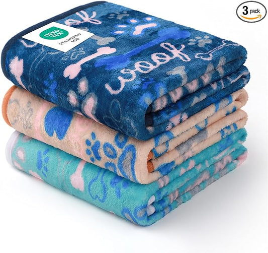 Luciphia 1 Pack 3 Blankets Fluffy Premium Fleece Pet Blanket Flannel Paw Bone Printed Throw for Dog Cat(Small 23"x16", Khaki/Blue/Navy)