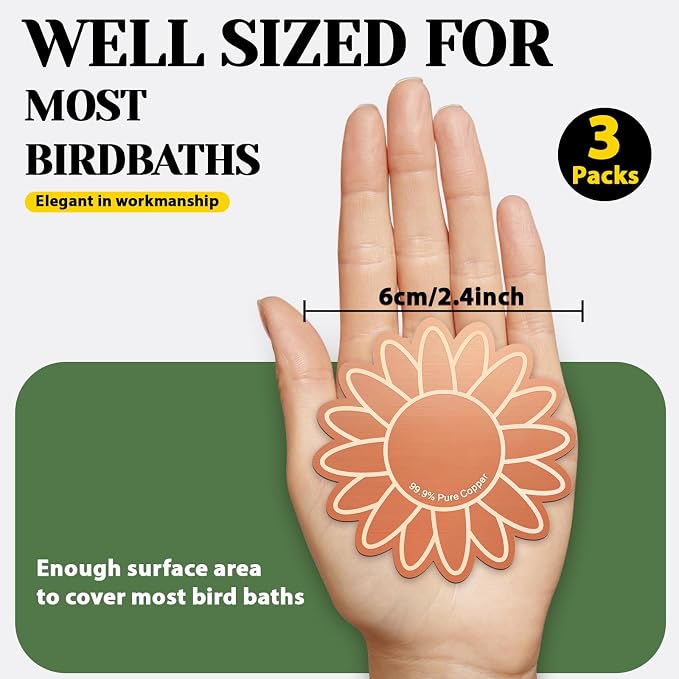 3Pcs Bird Bath Copper Purification Disk 99.99% Pure Copper Water Cleaning Discs 0.6mm Physical Clean Water for All-Season Universal Natural Fit for Outdoor Birdbath, Bowls, Garden Fountain (Sunflower)