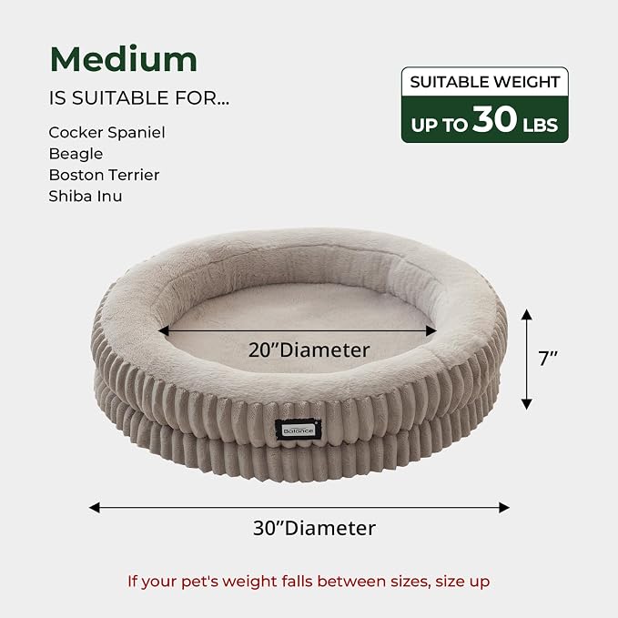 BALANCE Donut Dog Bed, 30 Inches Round Dog Bed Medium Size Dogs Washable, Orthopedic Calming Dogs Beds for Pets, Fluffy Plush Faux Fur Pet Bed with Anti-Slip Bottom