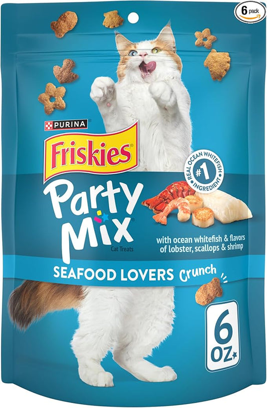 Purina Friskies Cat Treats, Party Mix Seafood Lovers Crunch - (Pack of 6) 6 oz. Pouches