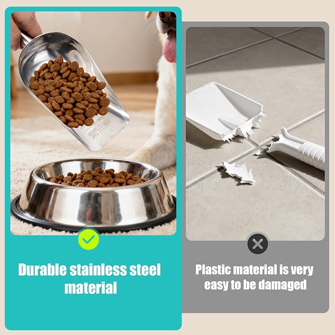 AIERSA 2Pcs Pet Food Scoop & Measuring Cup for Dogs & Cats, Stainless Steel Dog Scoop1 ¾ / ½ / ¼ Cup with Multi-Unit Markings for Precision Feeding, Easy-Clean Metal Food