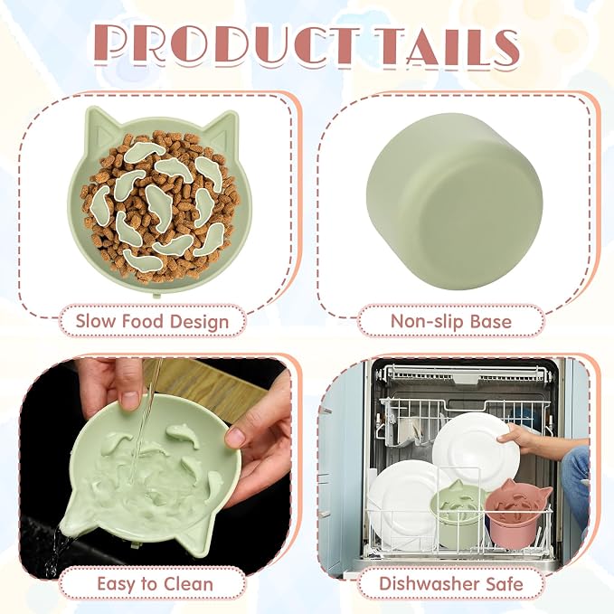 Funnymoom 2 Pack Silicone Cat Slow Feeder, Elevated Slow Feeder Cat Bowl for Dry and Wet Food, Tilted Design with Non Slip Base, Adjustable Angle for Pet(Green and Brown)