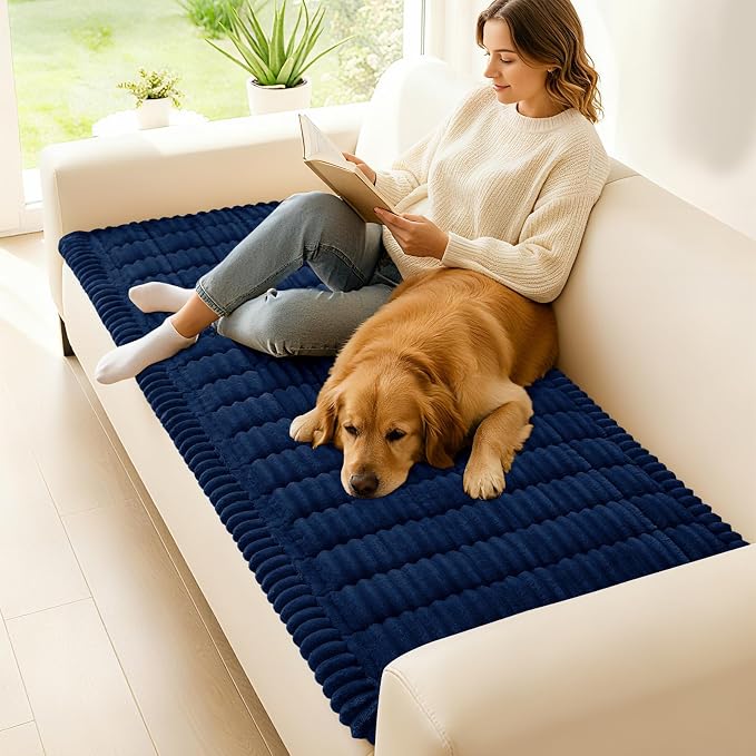 hyha Couch Cover for Dogs Washable, Non Slip Thick Flannel Sofa Protector, Pet Friendly Plush Furniture Cover for Sectional Sofa & Loveseat (Navy, 27.6" x 59")