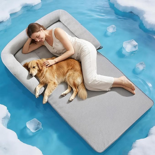 Rywell 3-in-1 Cooling Human Dog Bed, 78" x 47"-Fully Unfolded, Dog Cooling Mat with Arc-Chill Tech (Q-Max>0.5), Dog Crate Pad for Summer, Non-Slip & Fully Machine Washable, Gift for Dog Lovers, Grey