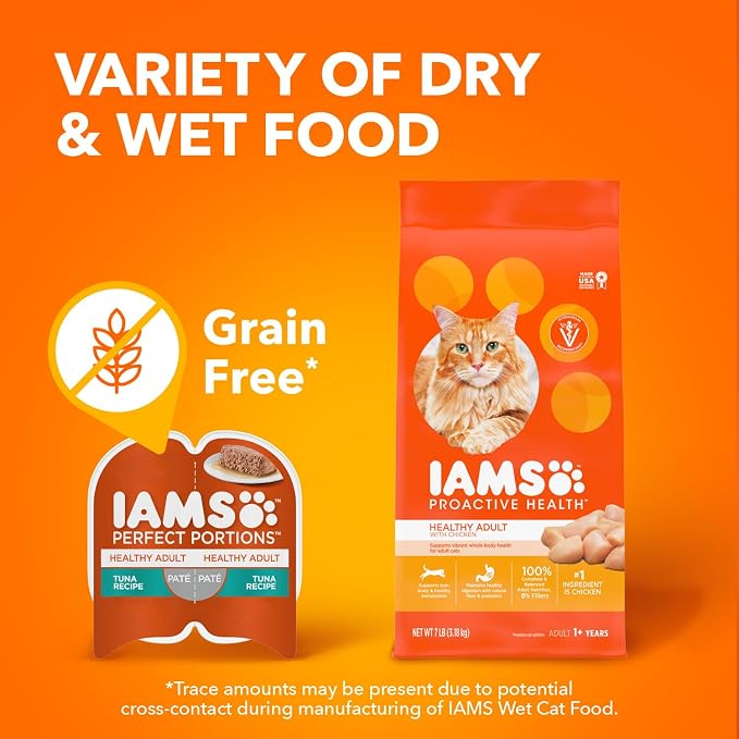 IAMS Perfect Portions Sensitive Digestion & Skin Wet Cat Food Pate, Healthy Adult Grain Free Pate, Chicken Recipe, 2.6 oz. (24 Twin Packs)