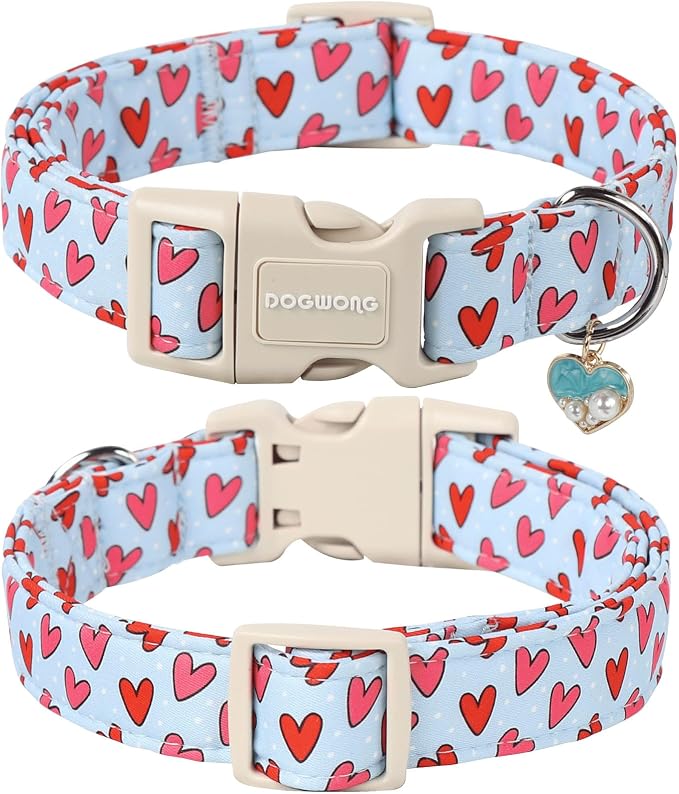 DOGWONG Valentine Dog Collar- Cute Blue Heart Dog Collars Adjustable Designer Valentine’s Day Puppy Heart Dog Collar for Small Medium Large Dogs L