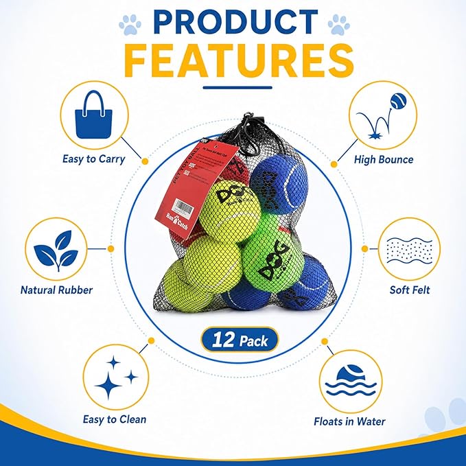 INSUM Tennis Balls for Dogs - Bulk 50 Pack 2.5'' Durable Non-Toxic Outdoor Dog Toys Balls with Mesh Bag, SGS Certified, Colorful Fetch Toys, Medium Large Breeds (Non Squeaky)