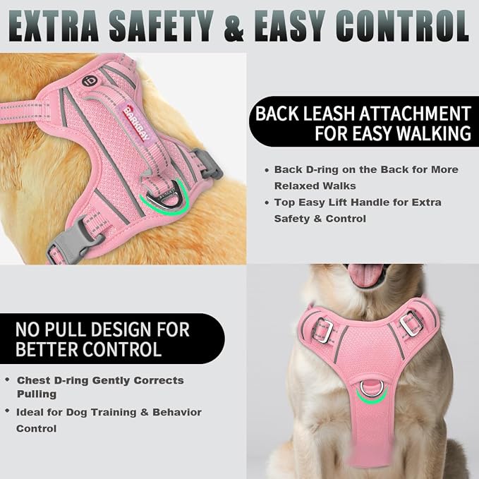 BARKBAY No Pull Dog Harness Large Reflective Dog Harness with Front Clip and Easy Control Handle for Walking Training Running with ID tag Pocket(Baby Pink,XL)