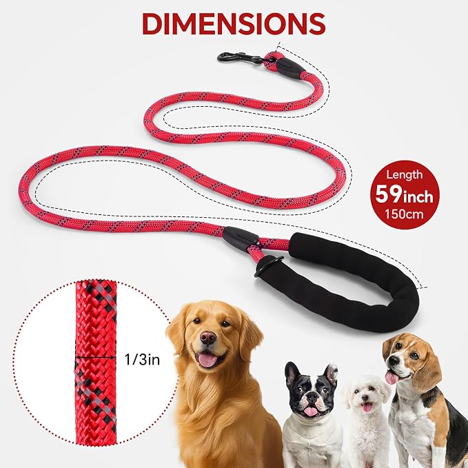 Heavy Duty Dog Leash - 4.9 FT for Large and Small Dogs - Strong Nylon, Comfortable Handle, Reflective Stitching - Ideal for Walking, Training, and Outdoor Activities, Red
