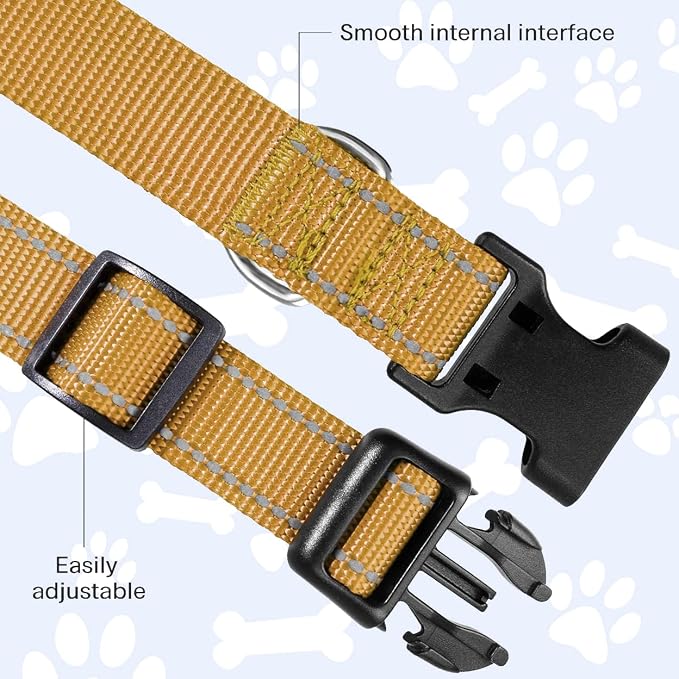 FunTags Length 8" - 12" Reflective Khaki Dog Collar for Extra Small Dogs – Night Walking & Training Safety, Durable Quick Release Buckle, Nylon, Comfortable Adjustable, Width 5/8"
