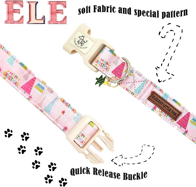 Elegant little tail Christmas Dog Collar - Christmas Tree Pink Pet Collar Cotton Soft Plastic Buckle Sturdy Puppy Collars Holiday Female or Male Adjustable Collar for Small Puppy