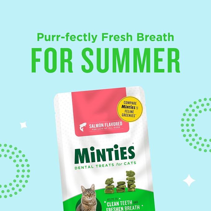 Minties Dental Treats for Cats, Salmon Flavored Cat Dental Treats, Freshens Breath and Controls Tartar, 10oz