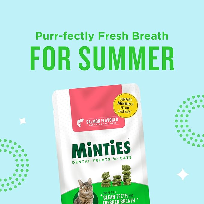 Minties Dental Treats for Cats, Salmon Flavored Treats for Cats, Freshens Breath and Controls Tartar, 2.5oz