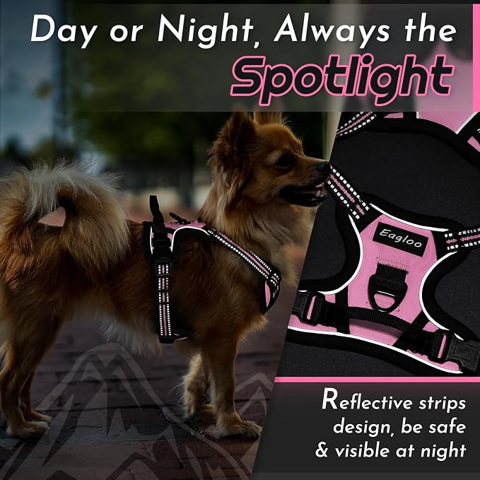 Eagloo Small Dog Harness No Pull, Service Vest with Reflective Strips and Control Handle, Adjustable and Comfortable for Walking, No Choke Pet Harness with 2 Metal Rings, Pink, XS