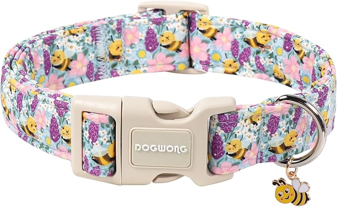 DOGWONG Spring Summer Dog Collar, Bee Floral Dog Collar with Plastic Buckle,Girl Female Dogs Collars for Large Dogs, Neck 42-66 inches