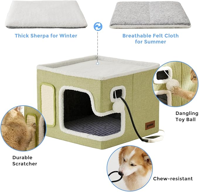 ZOMISIA Heated Cat House for Indoor Cats - Cat Warming Bed for Winter with Fluffy Ball Hanging and Adjustable Heating Pad, Foldable Cat Hideaway,16.5x16.5x13 inches, Grey