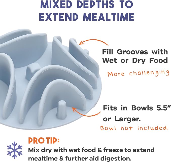 Awoo Great Vibes - Silicone Slow Feeder for Dog Bowls Over 5.5 Inches - Non-Slip, Wet and Dry Food-Compatible Pet Dish with Suction Cups - Extends Mealtime for Fast Eaters - Dishwasher Safe (Sky)