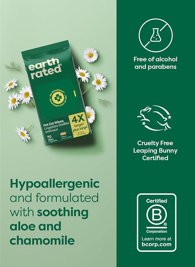 Earth Rated Dog Ear Wipes, Vet-Developed Pet Ear Wipes for Dogs & Cats, Hypoallergenic Cleaner to Remove Dirt and Wax, Wild Oat Scent, 70 Count