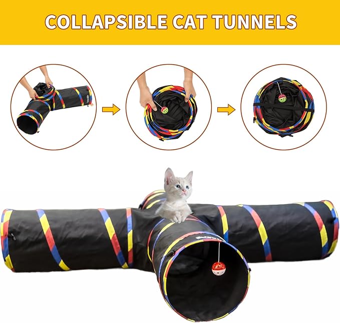 4 Way Large Cat Tunnels for Indoor Cats - 10" Diameter & 47" Long Play Tunnel Toy - Cat Tube with Play Ball & Mouse Toy - Interactive Peephole (Black)
