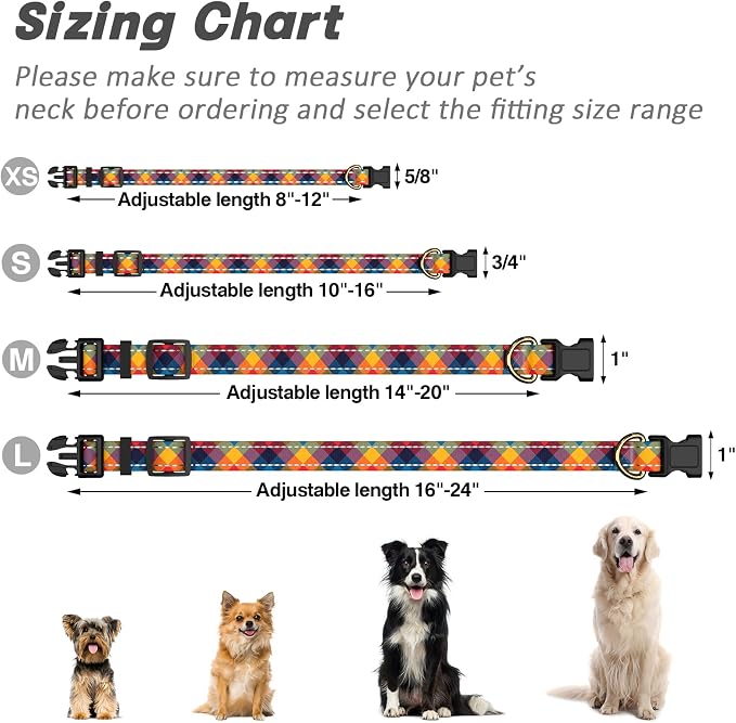 Reflective Dog Collar for Small Dogs, Cute Boho Adjustable Heavy-Duty Nylon Puppy Collar for Boy and Girl Female, Soft Pet Accessories with Quick Release Buckle, Colorful Tartan