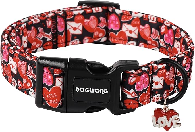 DOGWONG Valentine Dog Collar- Cute Red Heart Dog Collars Adjustable Durable Designer Valentine’s Day Dog Collar for Small Medium Large Dogs M