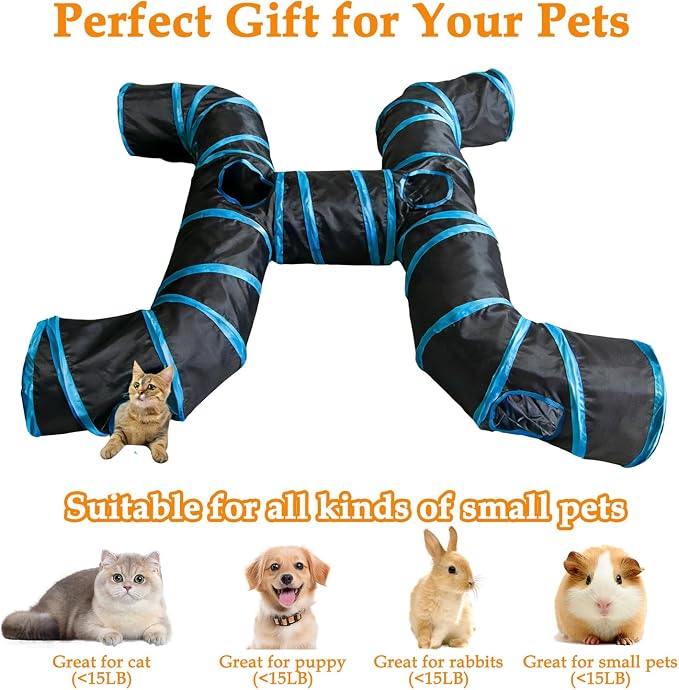 4-Way Large Cat Tunnel, H Shape Cat Tube Toy with Interactive Playing Balls, Peek Hole for Indoor Cats, Kitten, Kitty, Puppy, Rabbit (Black)
