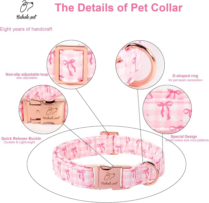 Girl Dog Collar, Sweetheart Girly Pink Bow Dog Collars, Adjustable Heavy Duty Spring/Summer Female Dogs Collar for Small Medium Large Dogs with Metal Buckle M