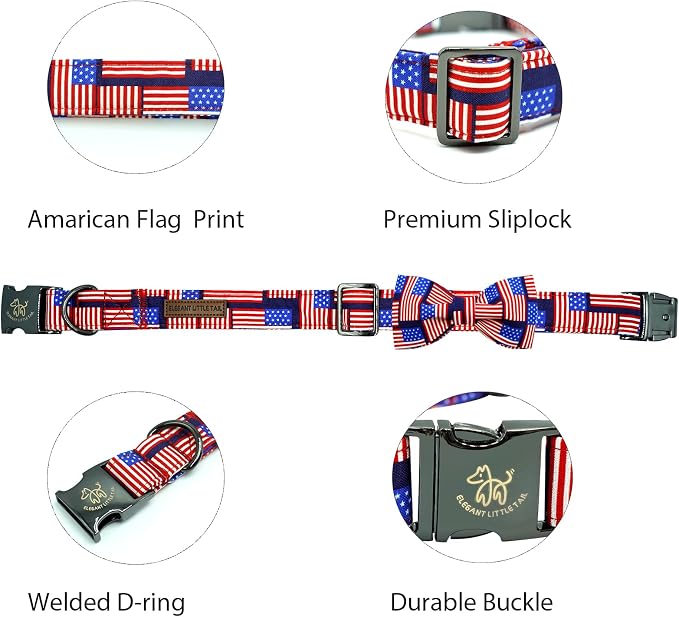 Elegant little tail Independence Dog Collar, Holiday Pet Collars with Bow Durable Patriotic Pet Collars Adjustable Dog Collar for X-Small Dogs