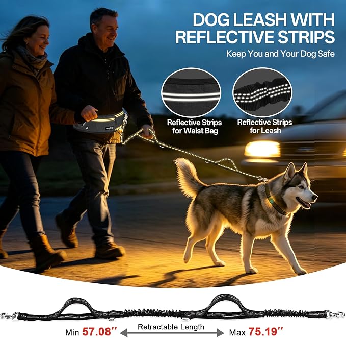 Hands Free Dog Leash, 240LB Heavy Duty Retractable with Partitioned Pouch Adjustable Waist Belt for Walking Running Jogging Hiking Biking Training for Medium/Large 25-120LBS Dog(Not for＜25LBS)