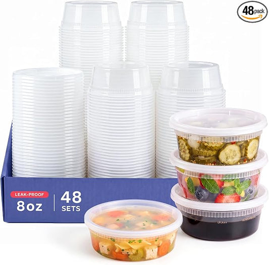 GUSTO [48 Sets - 8 oz. Plastic Deli Disposable Food Storage Containers with Airtight Lids - Slime Containers (Formerly Comfy Package)