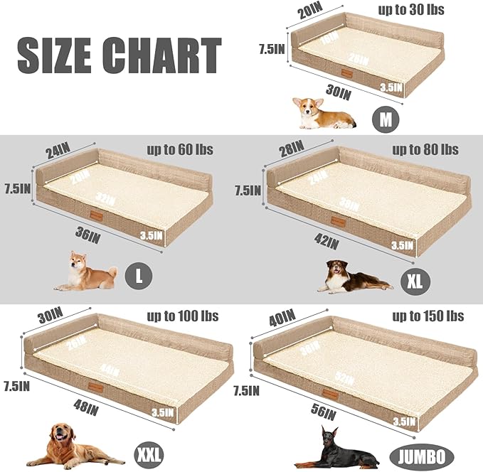 Patas Lague Orthopedic Jumbo Dog Bed for Extra Large Dogs 56''X40'', Waterproof L Bolster Jumbo Pet Sofa Beds with Removable Washable Cover, Soft Pet Couch Crate Mat with Nonskid Bottom, Beige
