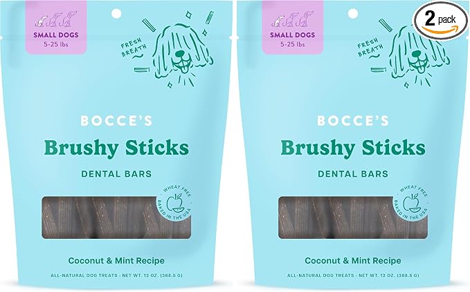 Bocce’s Bakery Dailies Brushy Sticks to Support Oral Health & Fresh Breath, Wheat-Free Dental Bars for Dogs,Made with Real Ingredients, Baked in the USA, All-Natural Coconut & Mint Recipe, (Pack of 2)