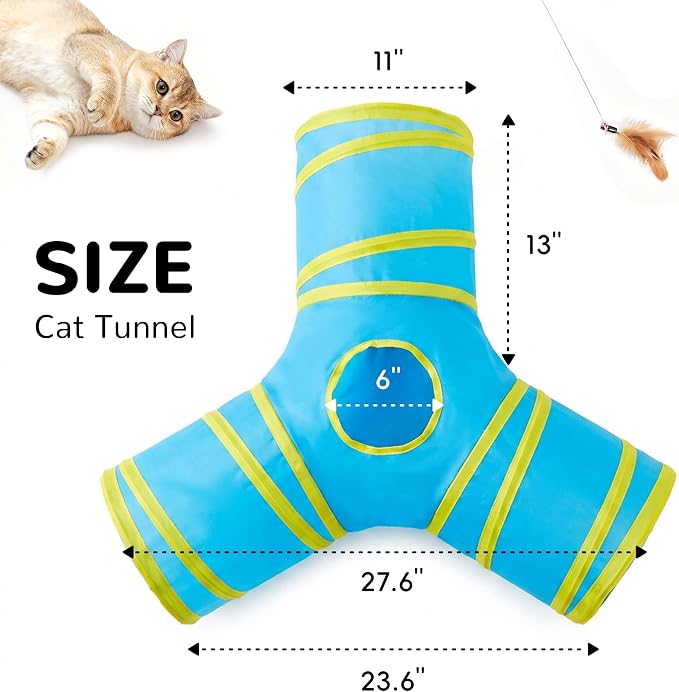 Tempcore Cat Tunnel for Indoor Cats, 3 Way Collapsible Pet Play Tunnel with Teaser Wand, Peek Holes & Hanging Ball, Interactive Tube for Kittens & Rabbits, Blue & Yellow