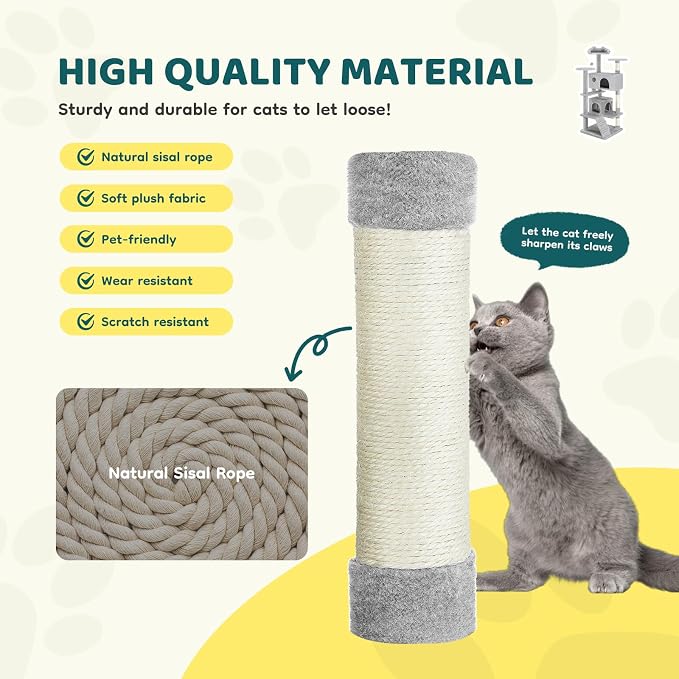 DUMOS 54 Inch Cat Tree Tower, Indoor Multi-Level Pet House for Large Cats with 2 Condos, Scratching Posts, Round Platform, Small Ladder, and Toys, Light Grey