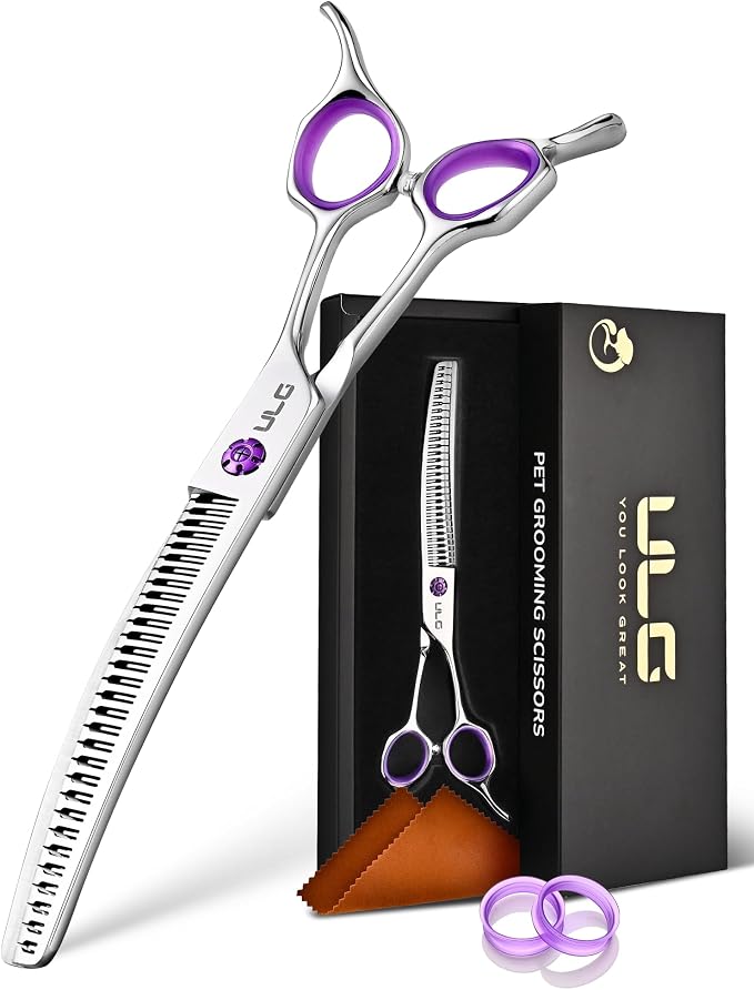 ULG 7.5” Dog Grooming Chunker Shears – 30° Curved Pet Grooming Scissors, Japanese 440C Stainless Steel, 30 Comb & Chunker Teeth, 60% Thinning Rate, Reversible Butterfly Handles for Face, Nose & Body