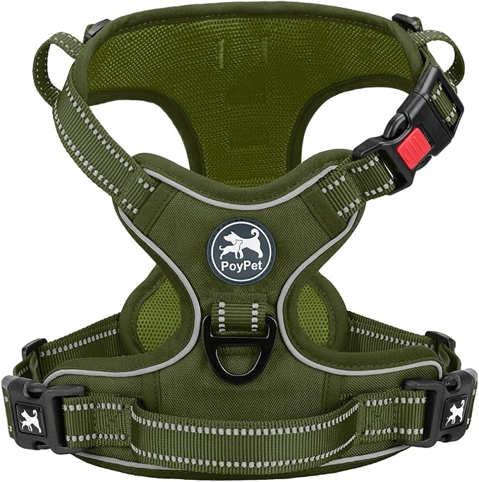 PoyPet No Pull Dog Harness, No Choke Reflective Dog Vest, Adjustable Pet Harnesses with Easy Control Padded Handle for Small Medium Large Dogs(Military Green,XS)