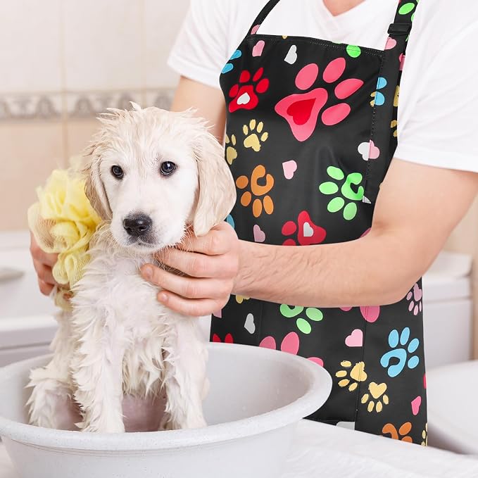 Dog Grooming Waterproof Apron with 2 Pockets, Cute Animals Puppy Dog Pets Apron