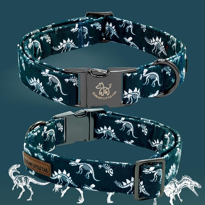 Elegant little tail Dog Collar, Dinosaurs Print Pet Collars with Bow Soft Cutton Boy Puppy Gift Adjustable Blue Bowtie Dog Collar for Medium Dogs