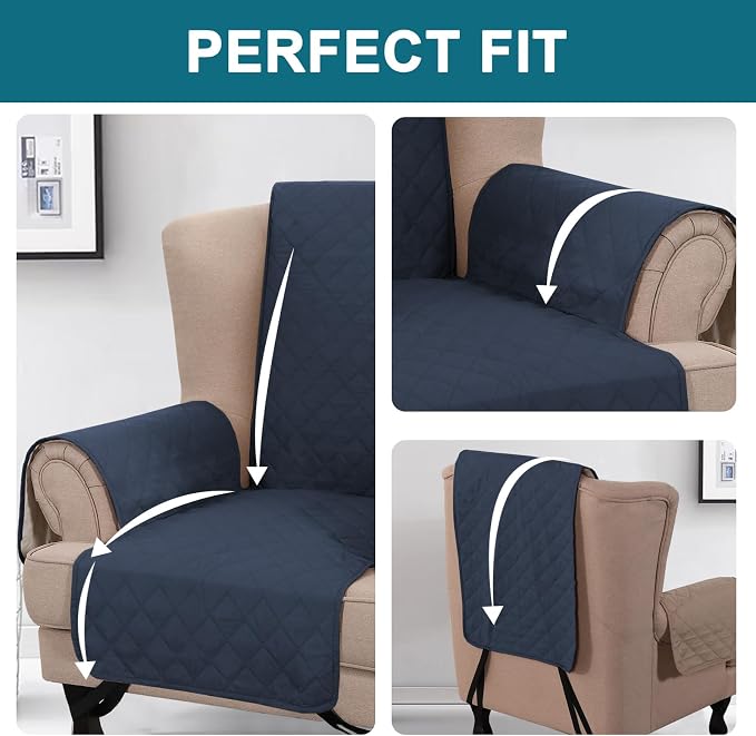 Turquoize 100% Waterproof Wing Chair Cover Wing Armchair Slipcovers Chair Couch Protector Triple Non-Slip Sofa Slipcover Furniture Protector for Pets, Kids,Dog (Wing Chair, Navy)