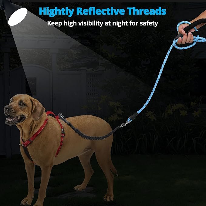 Long Dog Leash 10 FT: Heavy Duty Rope Leashes for Dogs Training with Swivel Lockable Hook Reflective Threads Bungee and Padded Handle - Dog Lead for Large Small Medium Dogs Outside Walking Hiking Blue