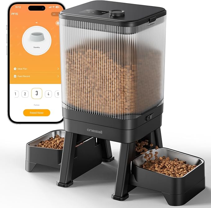 oneisall Automatic Cat Feeder for 2 Cats, 5GHz & 2.4GHz WiFi Cat Feeder with App Control, 7L/32-Cup Timed Food Dispenser with Portion Control, Dual Stainless Steel Bowls