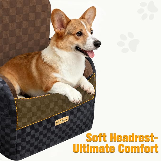 PETICON Waterproof Dog Car Seat for Small Medium Dogs, 5in Memory Foam Pet Booster Seat for Dogs up to 35 lbs with Pockets, Detachable Washable Pet Carseat with Y-Shape Safety Belt (Brown, Medium)